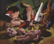 Stillleben mit Puppen und Masken, 1995, Mischtechnik auf Hartfaser, 70 x 90 cm