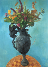 Blumenstillleben in gusseiserner Vase, 2002 -05, Mischtechnik auf Hartfaser, 135 x 100 cm
