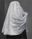 Verhüllt mit weißem Tuch, Mischtechnik auf Hartfaser, 80 x 60 cm